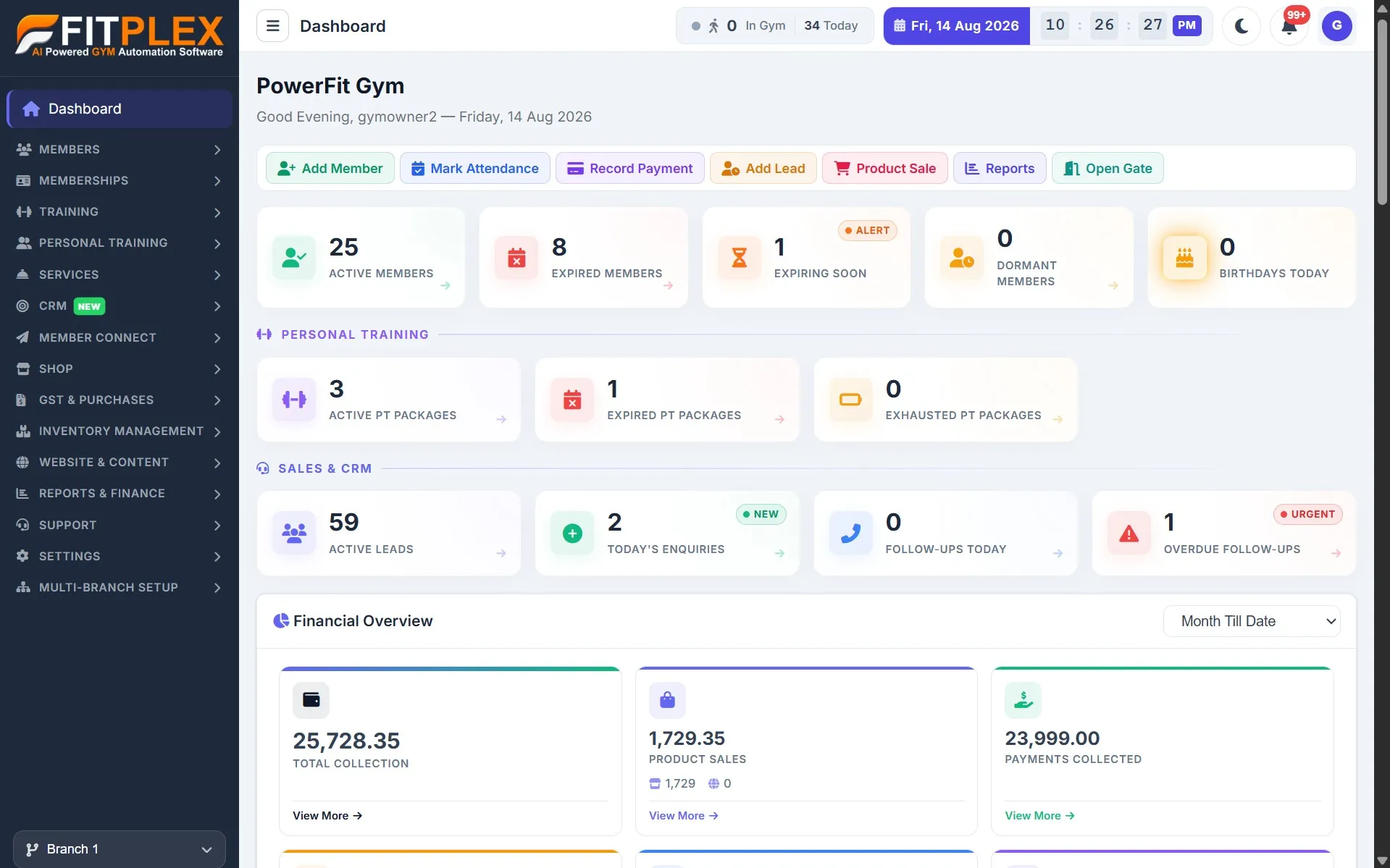 Fitplex Dashboard Screenshot 1