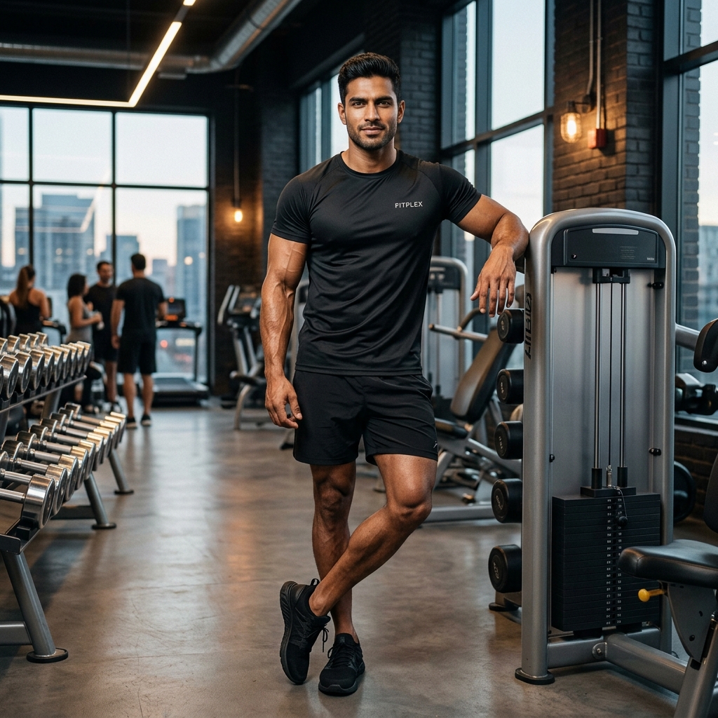 Fitplex - Rocking athletic male fitness model in black activewear